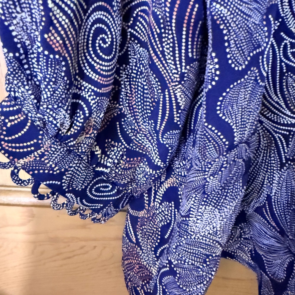 Johnny Was Shades of Silk Blouse L Blue Floral Paisley Scalloped Pearl Button - Picture 14 of 16